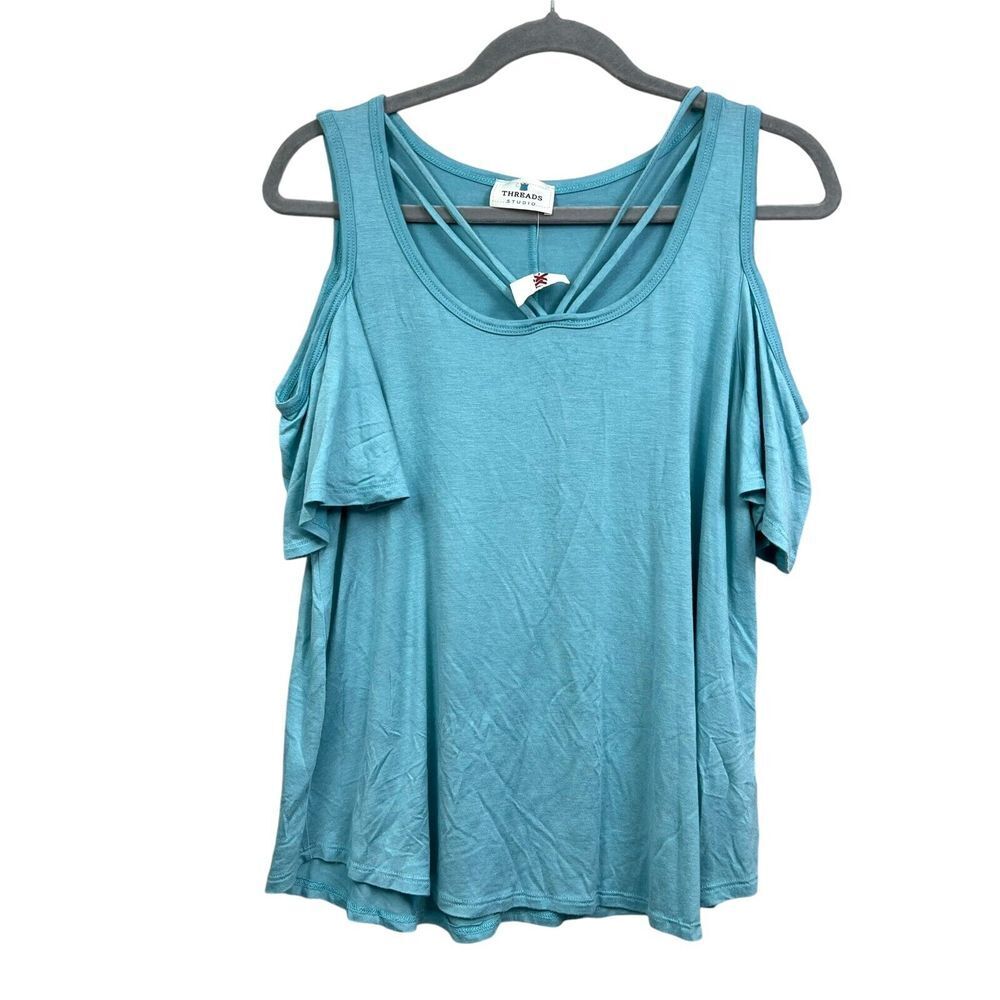 Threads Studio Women Cold Shoulder Blouse Top Stretch Short Sleeves Teal Size L*